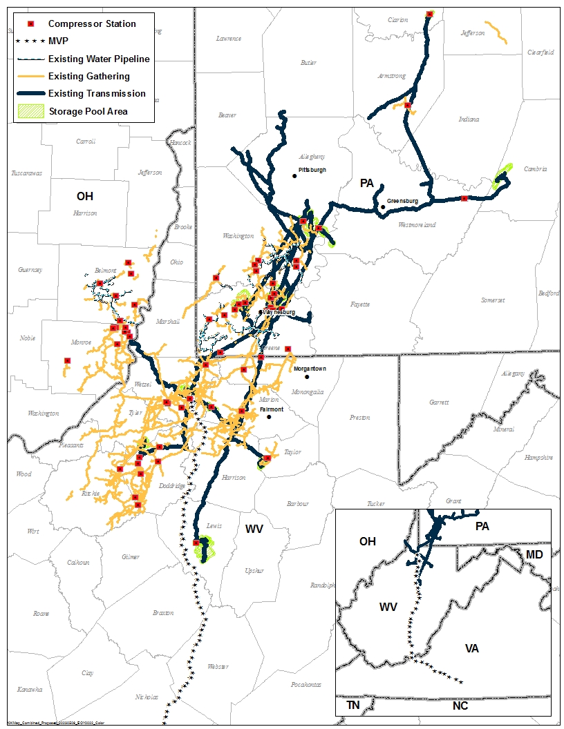A map showing Equitrans' compressor stations, the Mountain Valley Pipeline route, existing water pipelines, existing gathering systems, existing transmission systems, and storage pool areas in the states of Ohio, Pennsylvania, and West Virginia. An inset map provides a view of the existing transmission systems and the Mountain Valley Pipeline route at a larger scale, showing that the Mountain Valley Pipeline route also extends into Virginia.